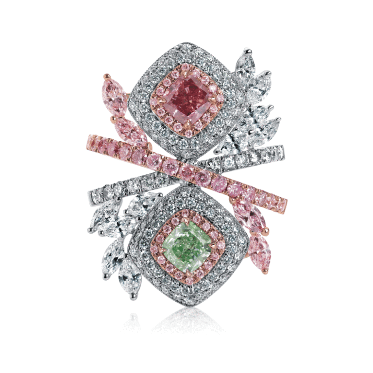 .54ct Fancy Vivid Pink & .60ct Fancy Vivid Bluish Green Cuts Radiant Cut Diamond Ring