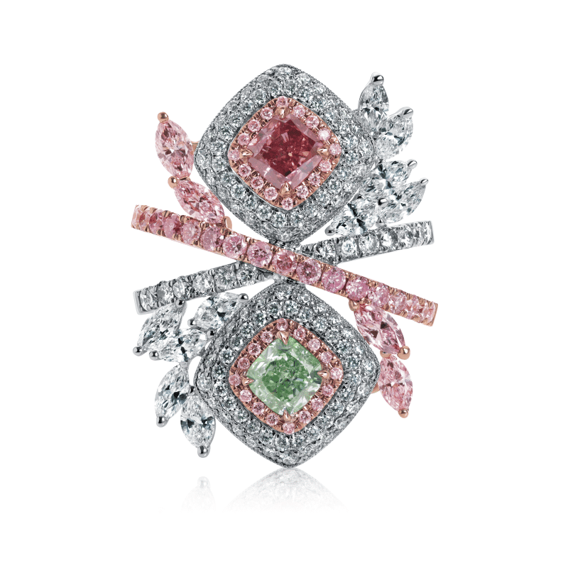 .54ct Fancy Vivid Pink & .60ct Fancy Vivid Bluish Green Cuts Radiant Cut Diamond Ring