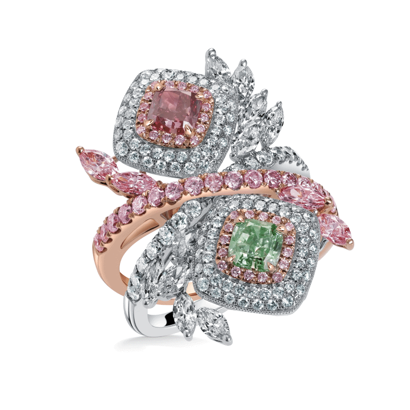 .54ct Fancy Vivid Pink & .60ct Fancy Vivid Bluish Green Cuts Radiant Cut Diamond Ring
