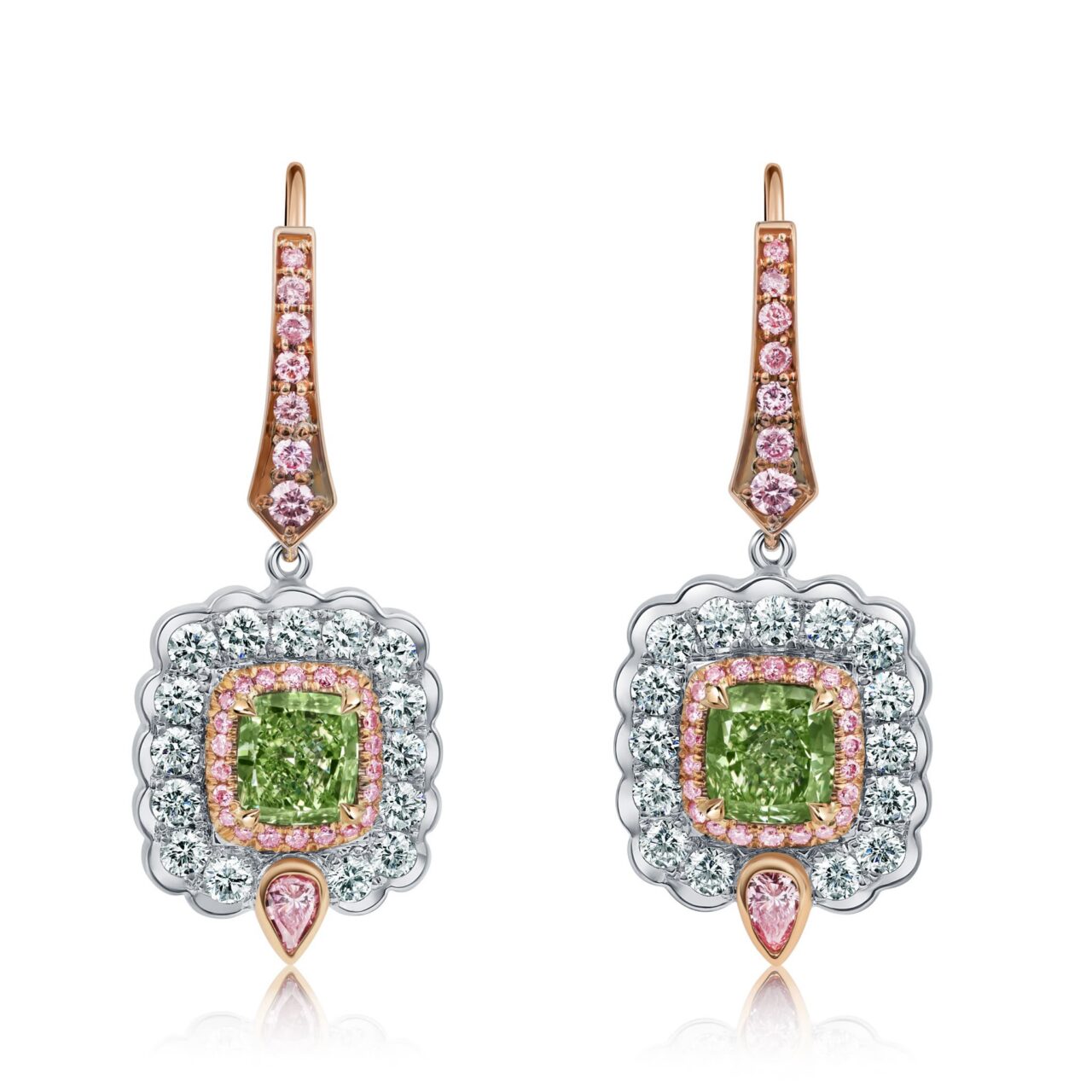 1 Carat Fancy Intense Yellowish Green VVS1-VS2 Cushion Cut Diamond Drop Earrings