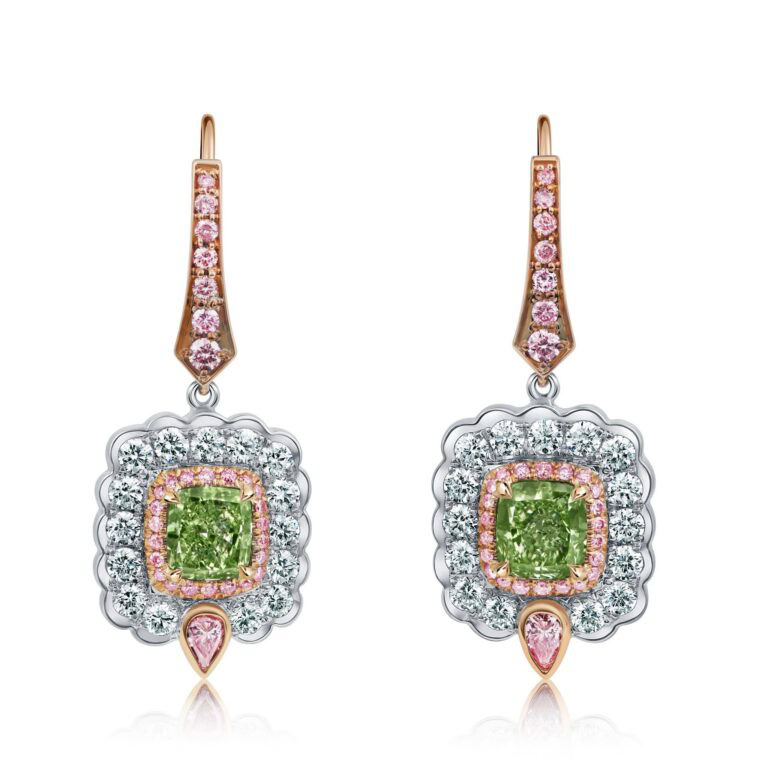 1 Carat Fancy Intense Yellowish Green VVS1-VS2 Cushion Cut Diamond Drop Earrings