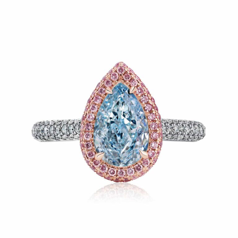 2 Carat Fancy Intense Greenish Blue VS1 Pear Shape Diamond Ring