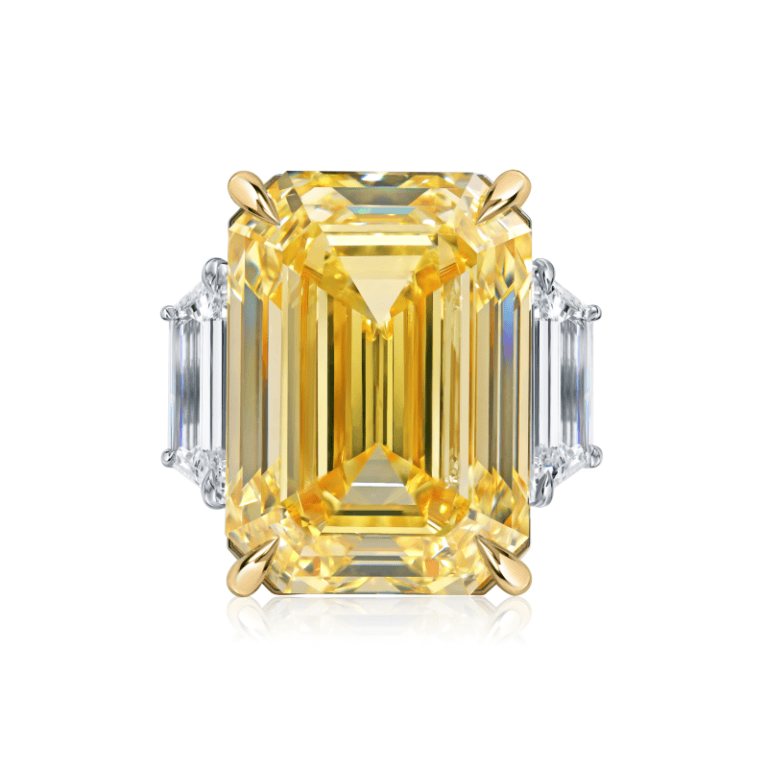 30ct Fancy Intense Yellow VVS2 Emerald Cut Natural Diamond, GIA Certified Ring