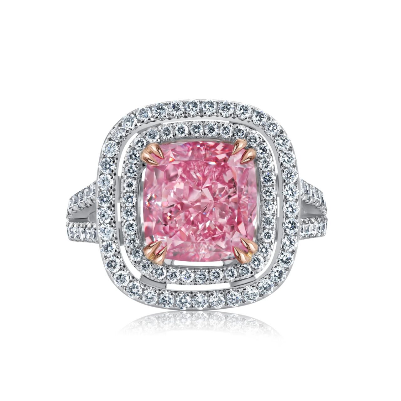 4 Carat Fancy Intense Pink SI2 Cushion Cut Diamond Ring
