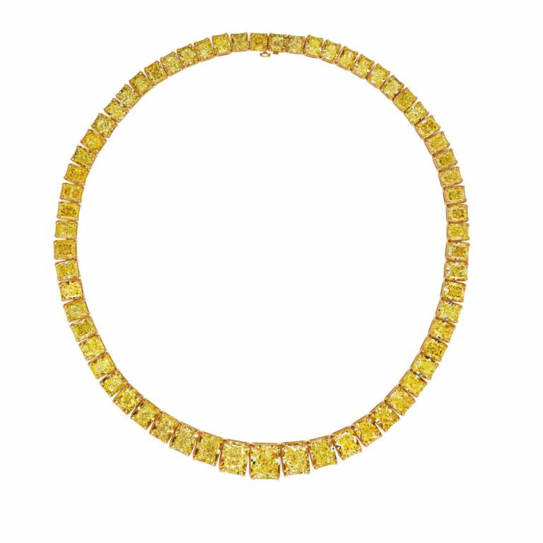 100 Carat Fancy Yellow-VS2 With A 5ct Fancy Yellow Radiant Cut Diamond Riviera Necklace