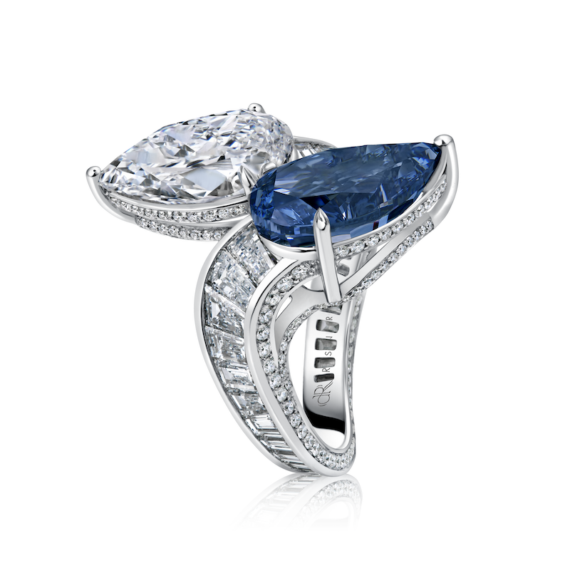 The Luna Azul — 5.10 carat Fancy Vivid Blue VVS2 Pear-Shaped Diamond in Toi et Moi platinum setting