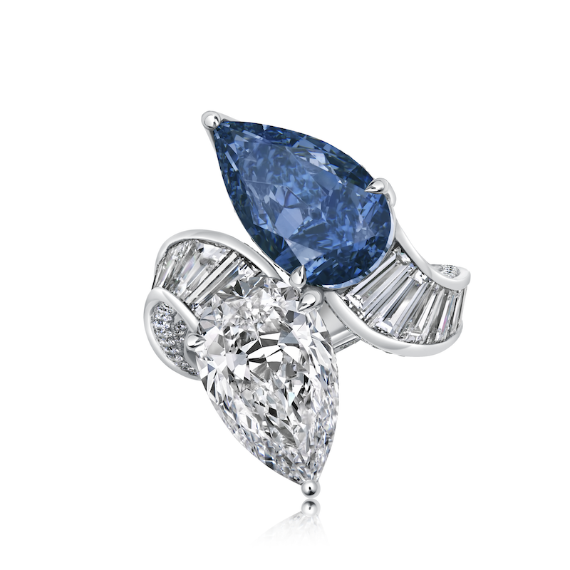 The Luna Azul — 5.10 carat Fancy Vivid Blue VVS2 Pear-Shaped Diamond in Toi et Moi platinum setting